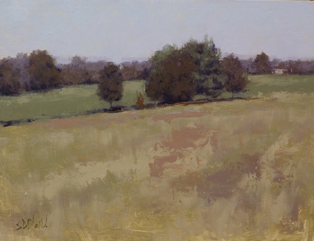 A studio painting based on a plein air study of the view across the fields at Wind Field Farm in Middleburg, VA
